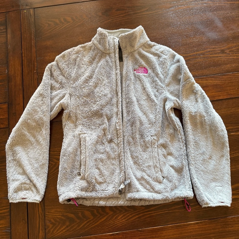 Woman’s The North Face Grey Zip-Up Fleece Jacket-Size Small pink trim